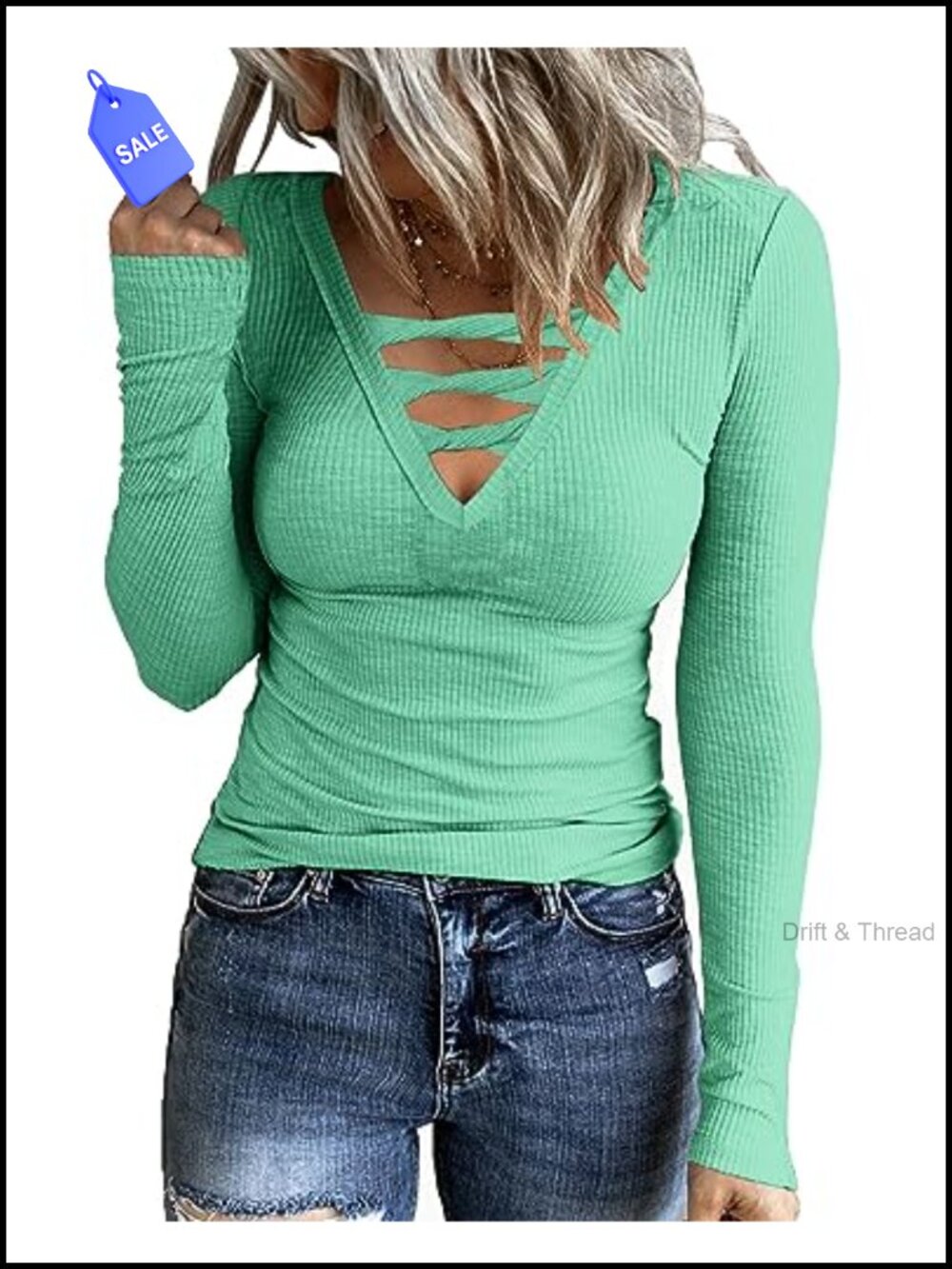 Women's Slim Fit V-Neck Criss Cross Tunic Top Long Sleeve